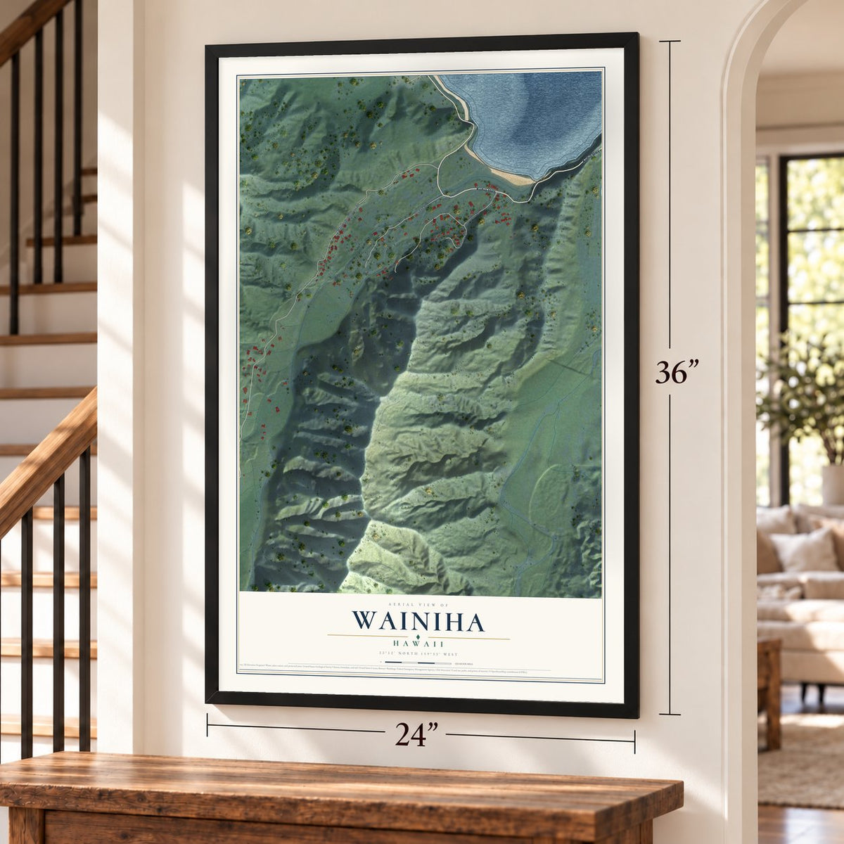 Wainiha, Hawaii map, 24 x 36 inch print in a black frame by a staircase