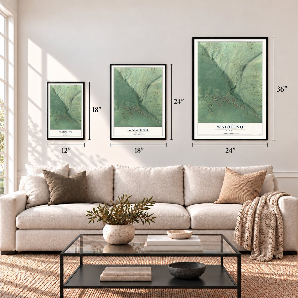 Waiohinu, Hawaii map in 12 x 18, 18 x 24 and 24 x 36 inch sizes above a sofa