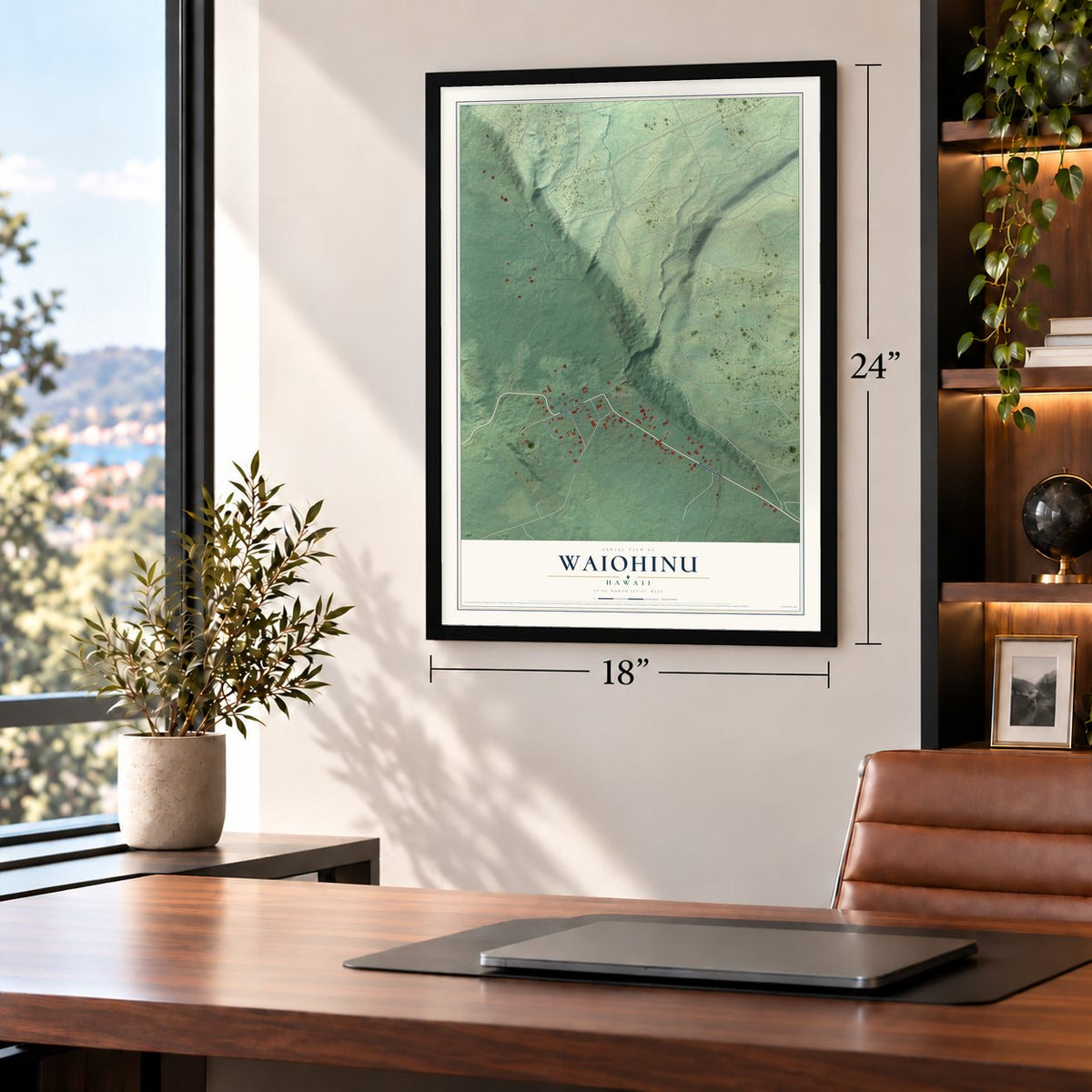 Waiohinu, Hawaii map, 18 x 24 inch print in a black frame in a home office