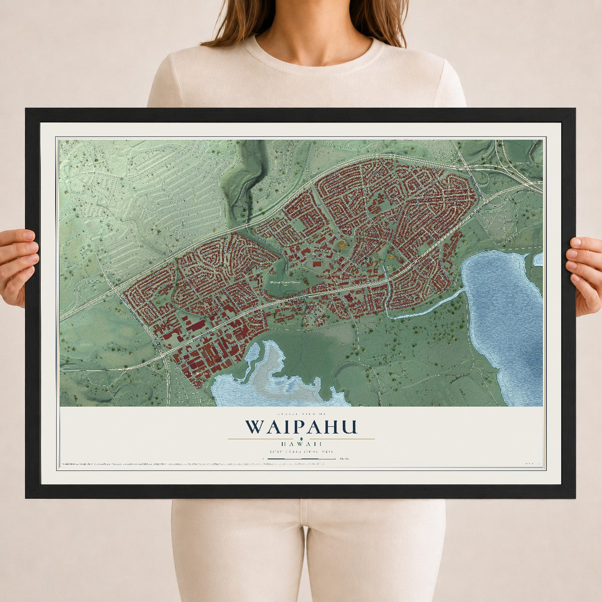 Map of Waipahu, Hawaii, 18 x 24 inch print in a black wood frame