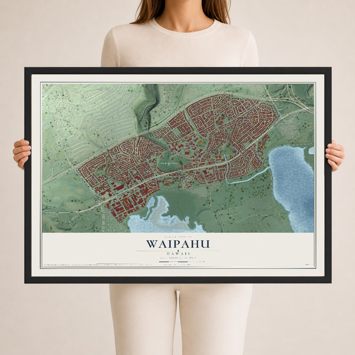 Map of Waipahu, Hawaii, 24 x 36 inch print in a black wood frame