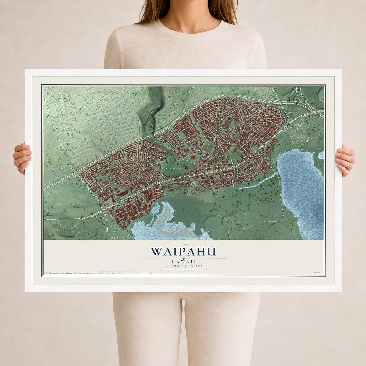 Map of Waipahu, Hawaii, 24 x 36 inch print in a white wood frame