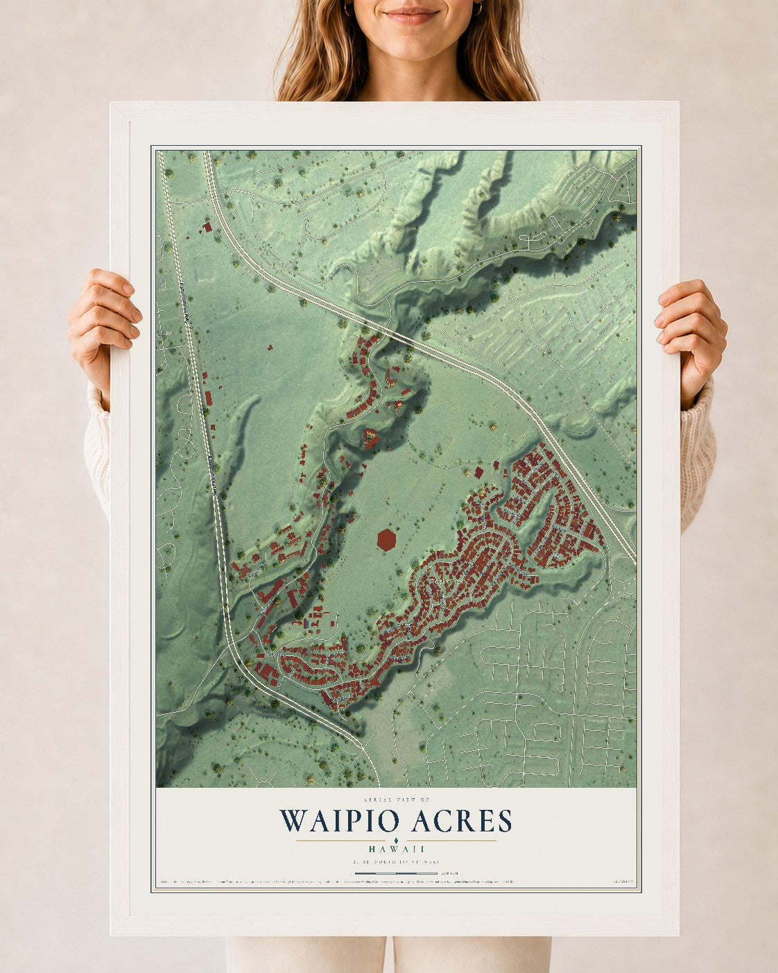 Map of Waipio Acres, Hawaii, 24 x 36 inch print in a white wood frame