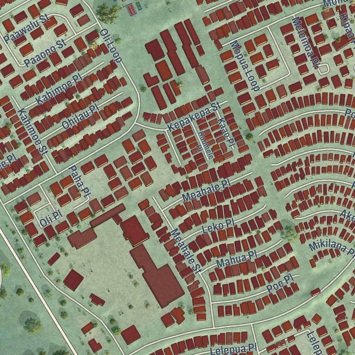 Close-up of the map of Waipio, Hawaii print showing street and building detail