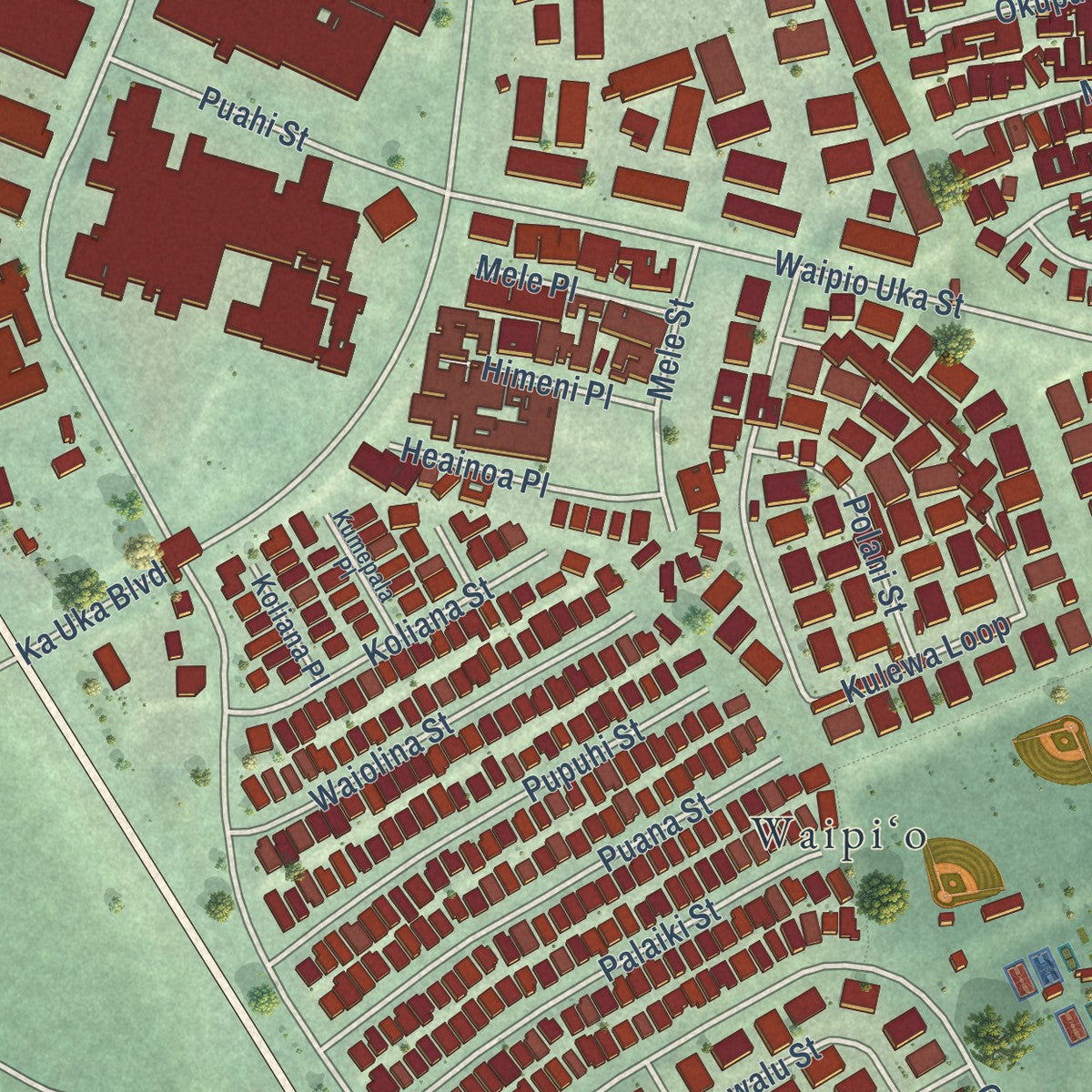 Second close-up of the map of Waipio, Hawaii print showing more streets and buildings