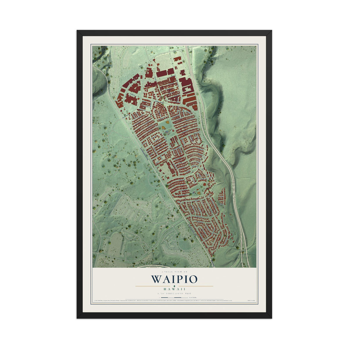 Map of Waipio, Hawaii, 12 x 18 inch print in a black wood frame