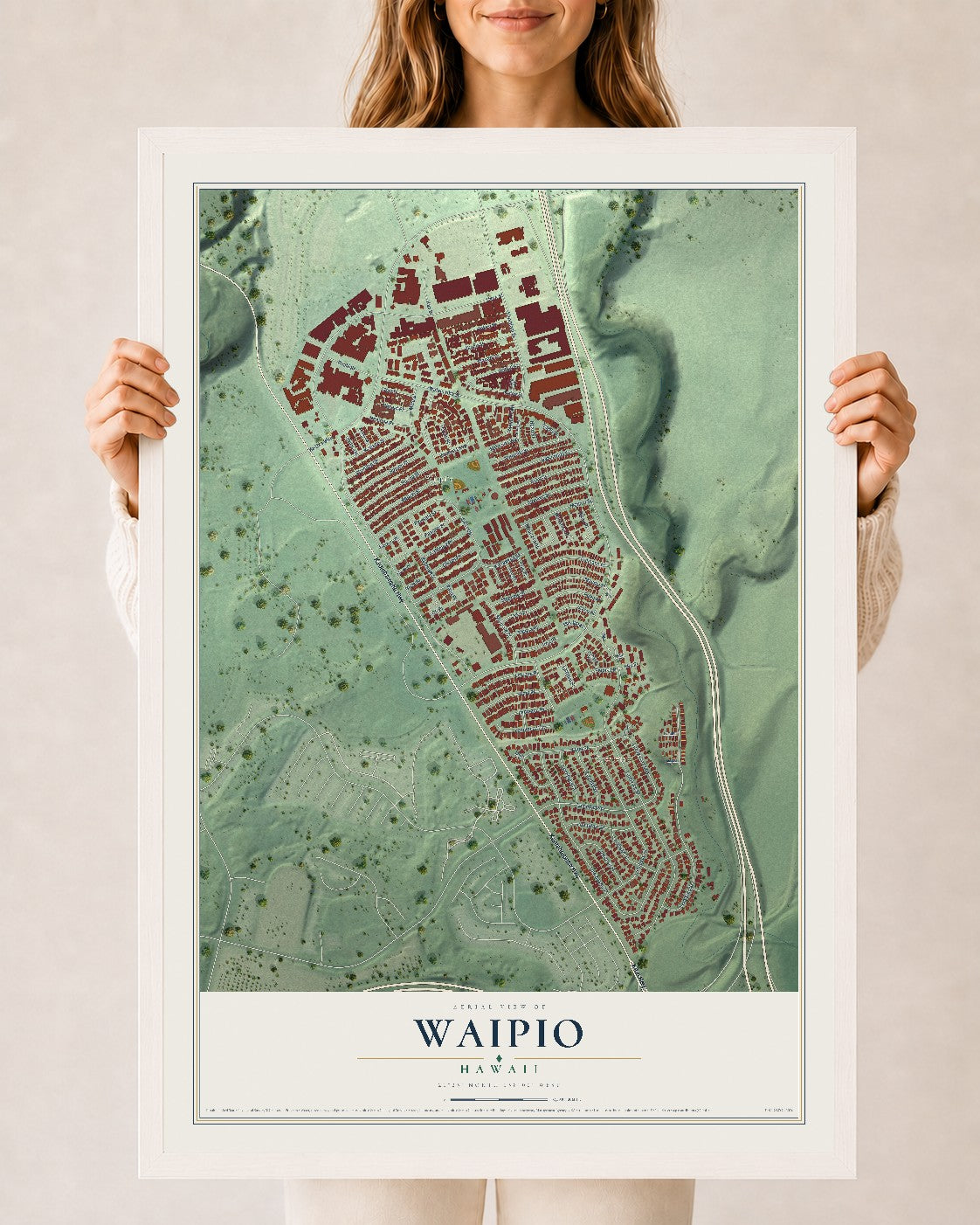 Map of Waipio, Hawaii, 24 x 36 inch print in a white wood frame