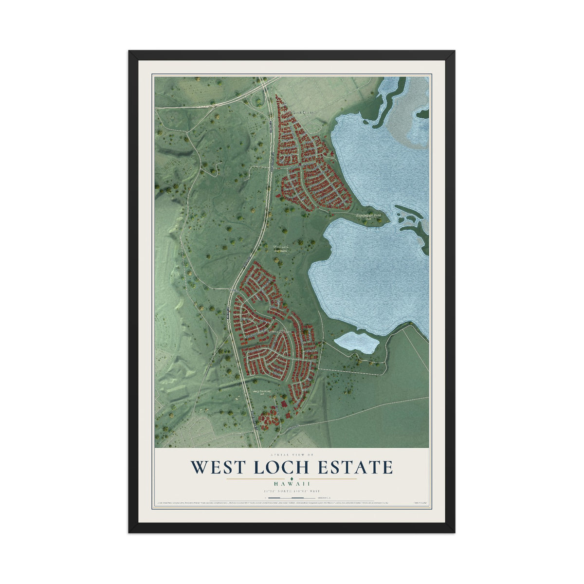 Map of West Loch Estate, Hawaii, 12 x 18 inch print in a black wood frame
