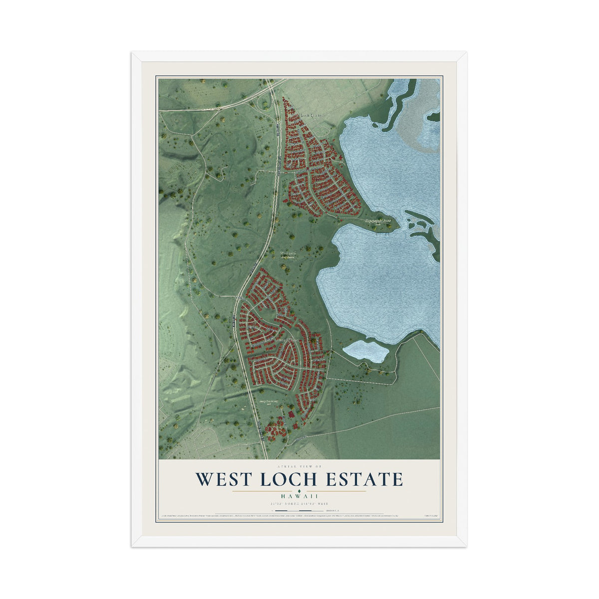 Map of West Loch Estate, Hawaii, 12 x 18 inch print in a white wood frame