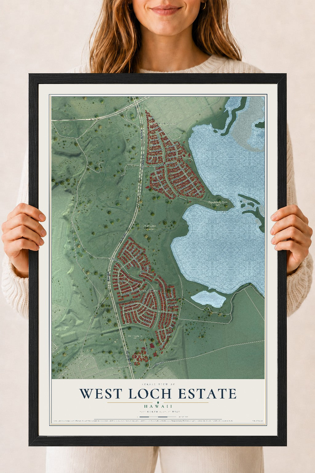 Map of West Loch Estate, Hawaii, 18 x 24 inch print in a black wood frame