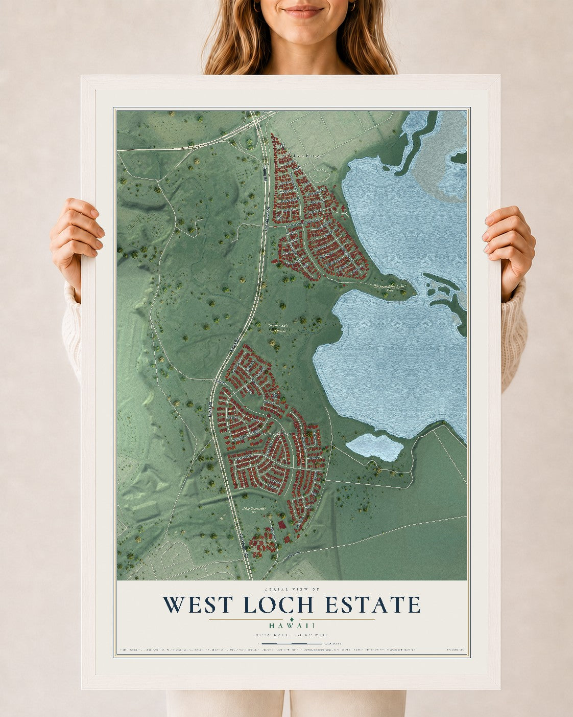 Map of West Loch Estate, Hawaii, 24 x 36 inch print in a white wood frame