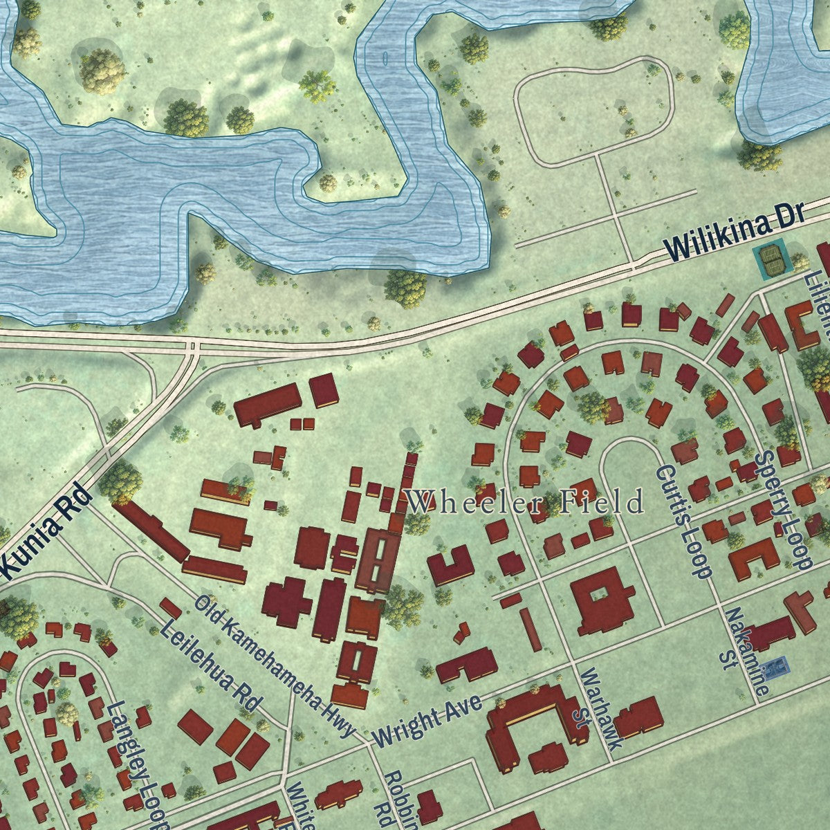 Close-up of the map of Wheeler AFB, Hawaii print showing street and building detail