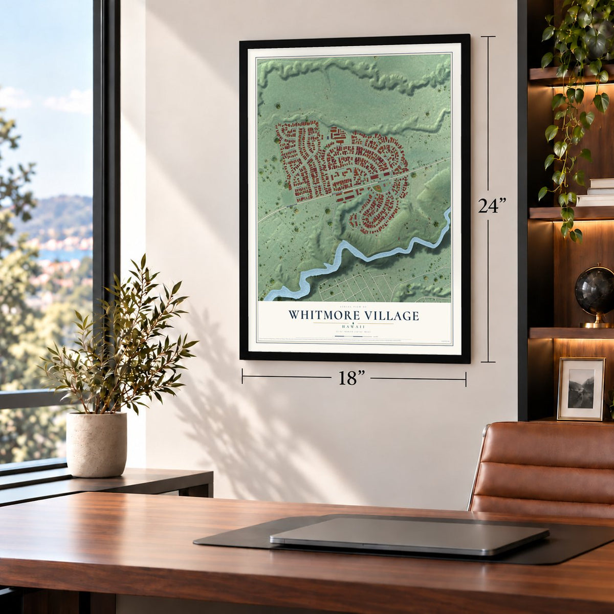 Whitmore Village, Hawaii map, 18 x 24 inch print in a black frame in a home office