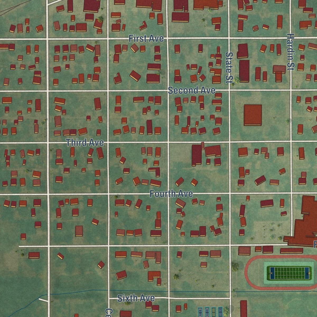 Close-up of the map of Ackley, Iowa print showing street and building detail