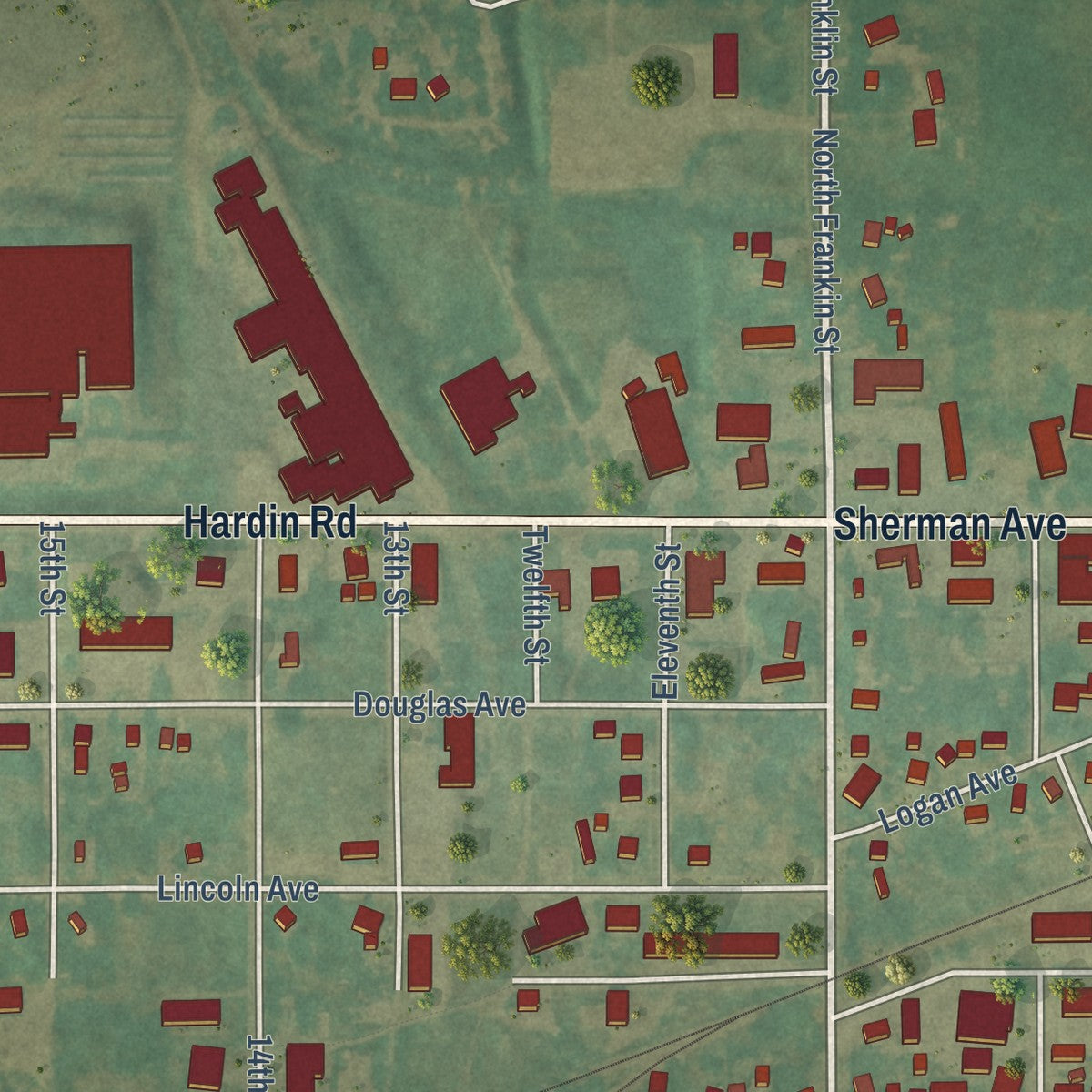 Second close-up of the map of Ackley, Iowa print showing more streets and buildings