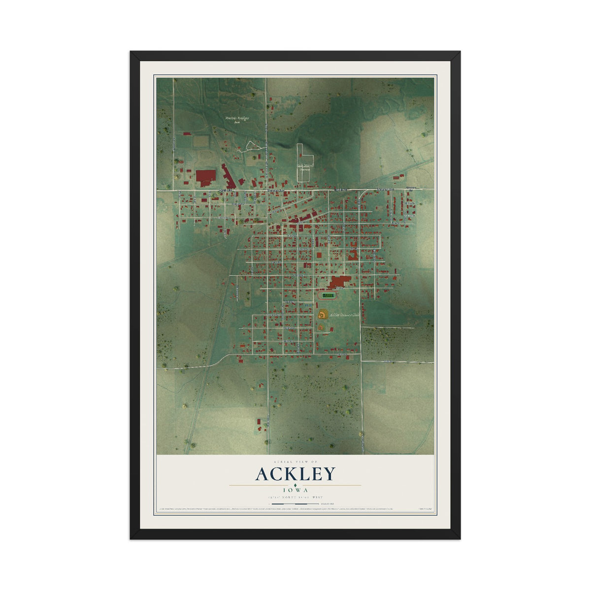 Map of Ackley, Iowa, 12 x 18 inch print in a black wood frame