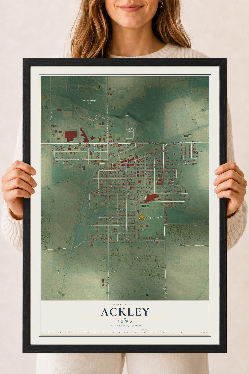Map of Ackley, Iowa, 18 x 24 inch print in a black wood frame