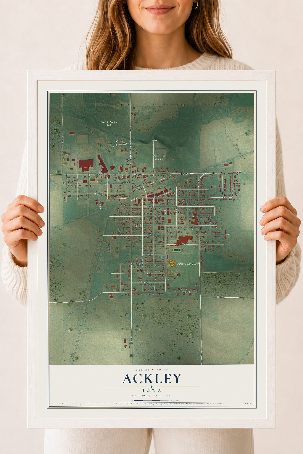 Map of Ackley, Iowa, 18 x 24 inch print in a white wood frame