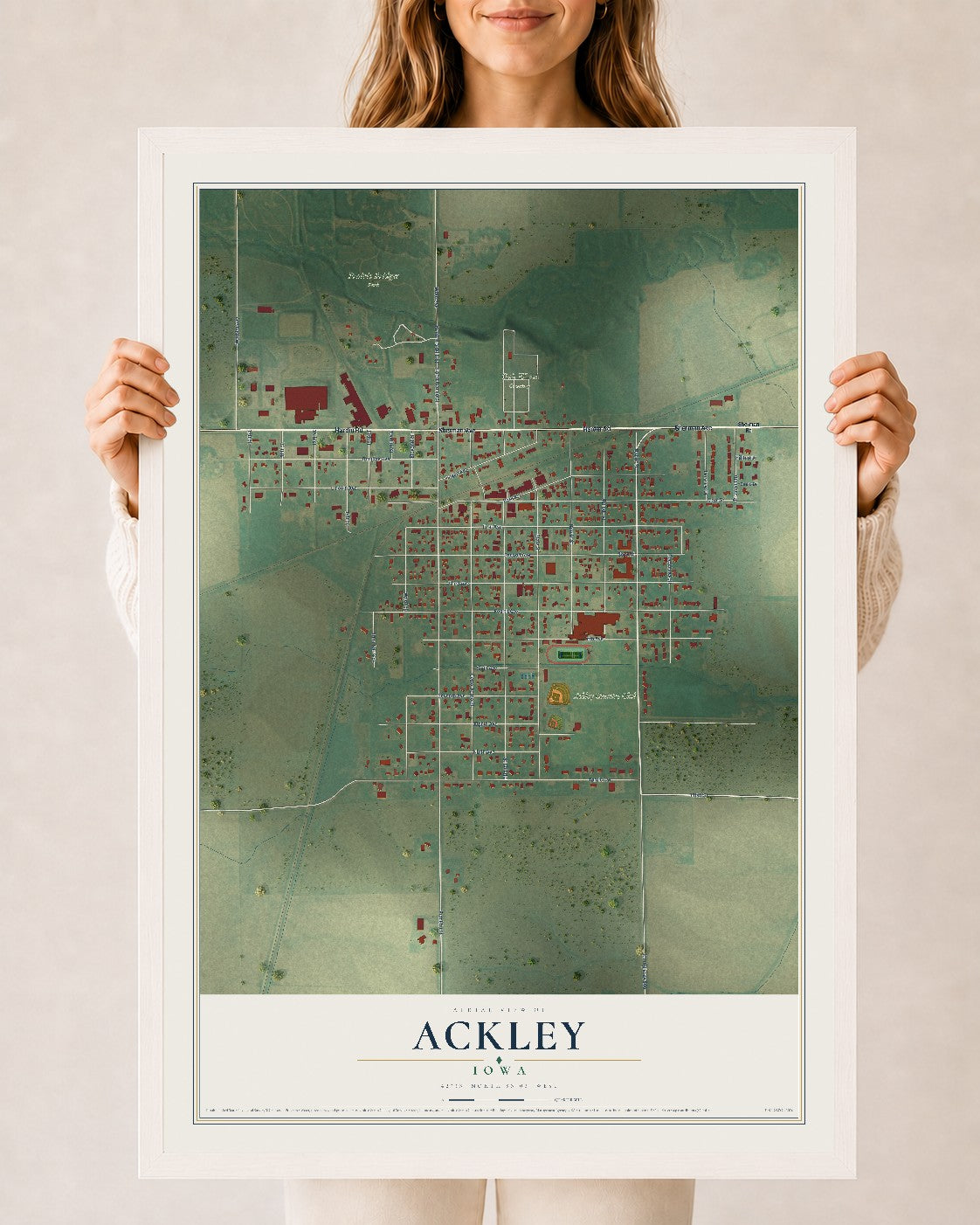 Map of Ackley, Iowa, 24 x 36 inch print in a white wood frame