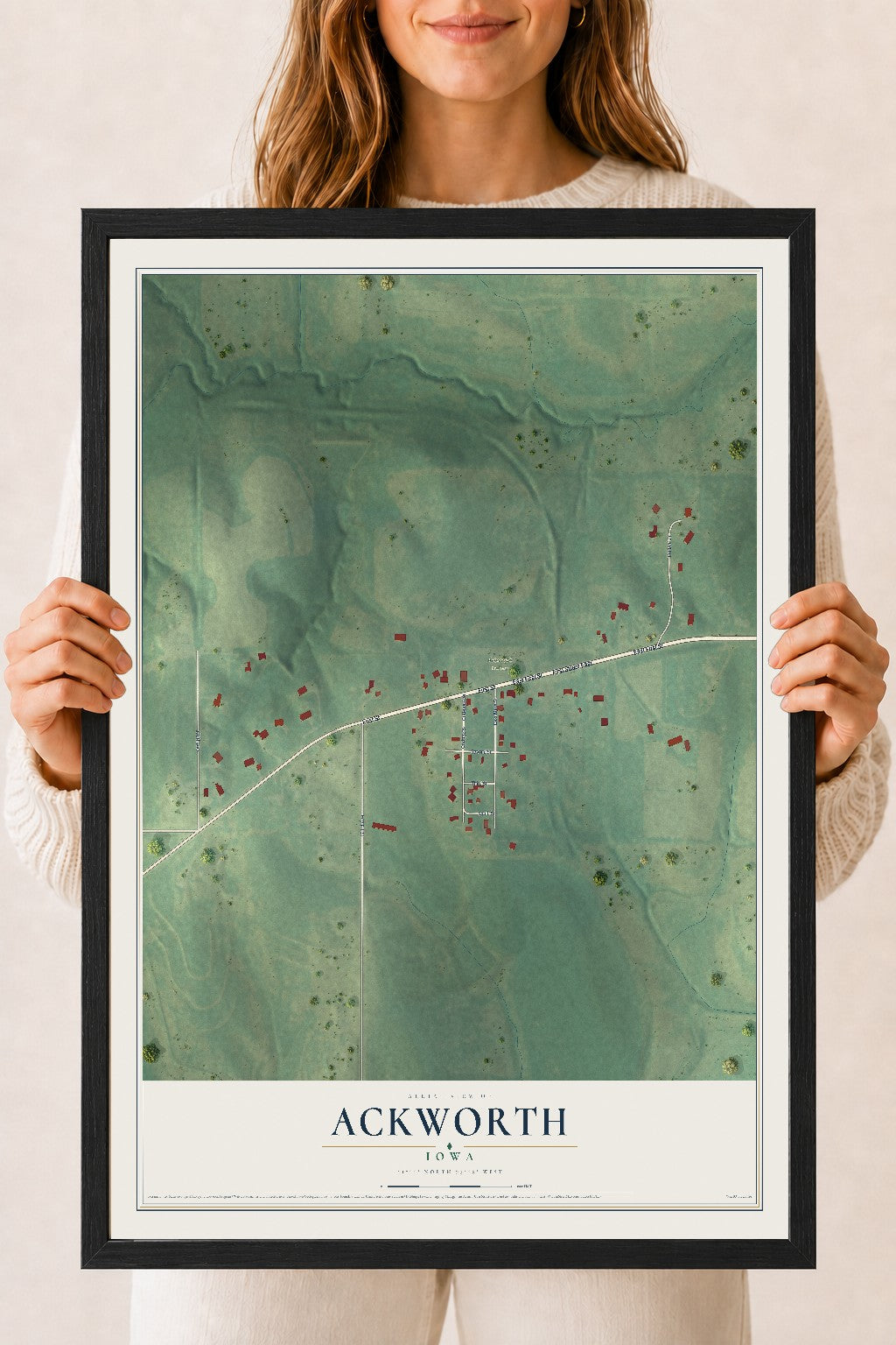Map of Ackworth, Iowa, 18 x 24 inch print in a black wood frame