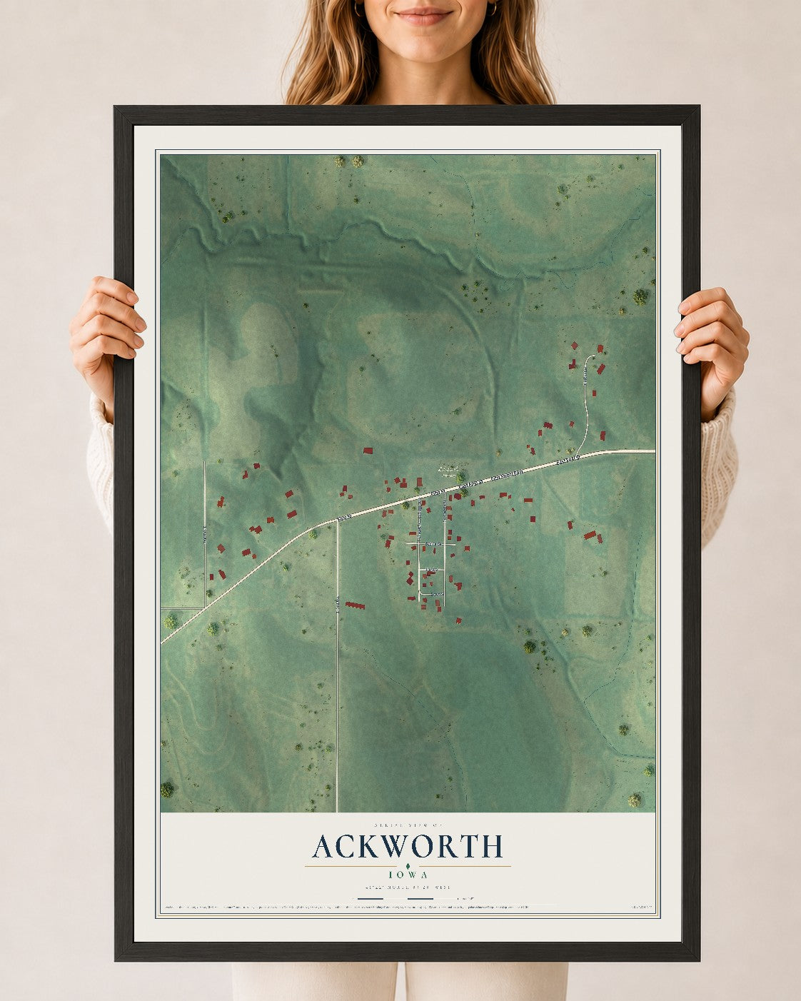 Map of Ackworth, Iowa, 24 x 36 inch print in a black wood frame