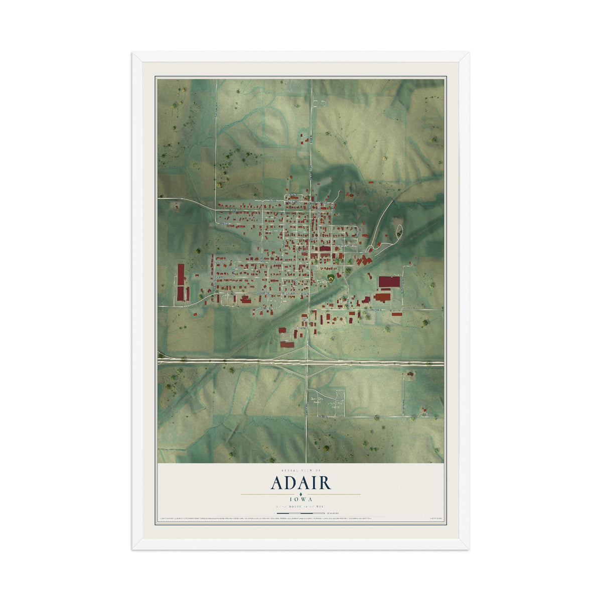 Map of Adair, Iowa, 12 x 18 inch print in a white wood frame
