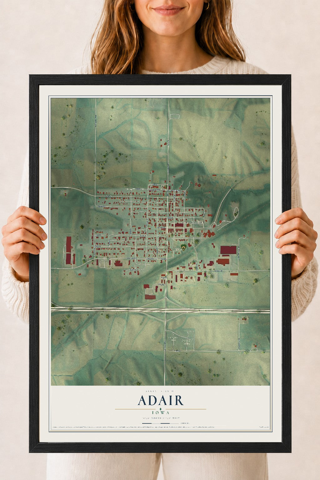 Map of Adair, Iowa, 18 x 24 inch print in a black wood frame