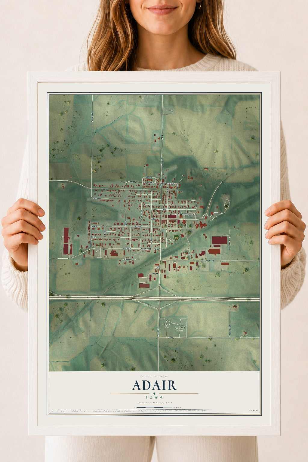 Map of Adair, Iowa, 18 x 24 inch print in a white wood frame