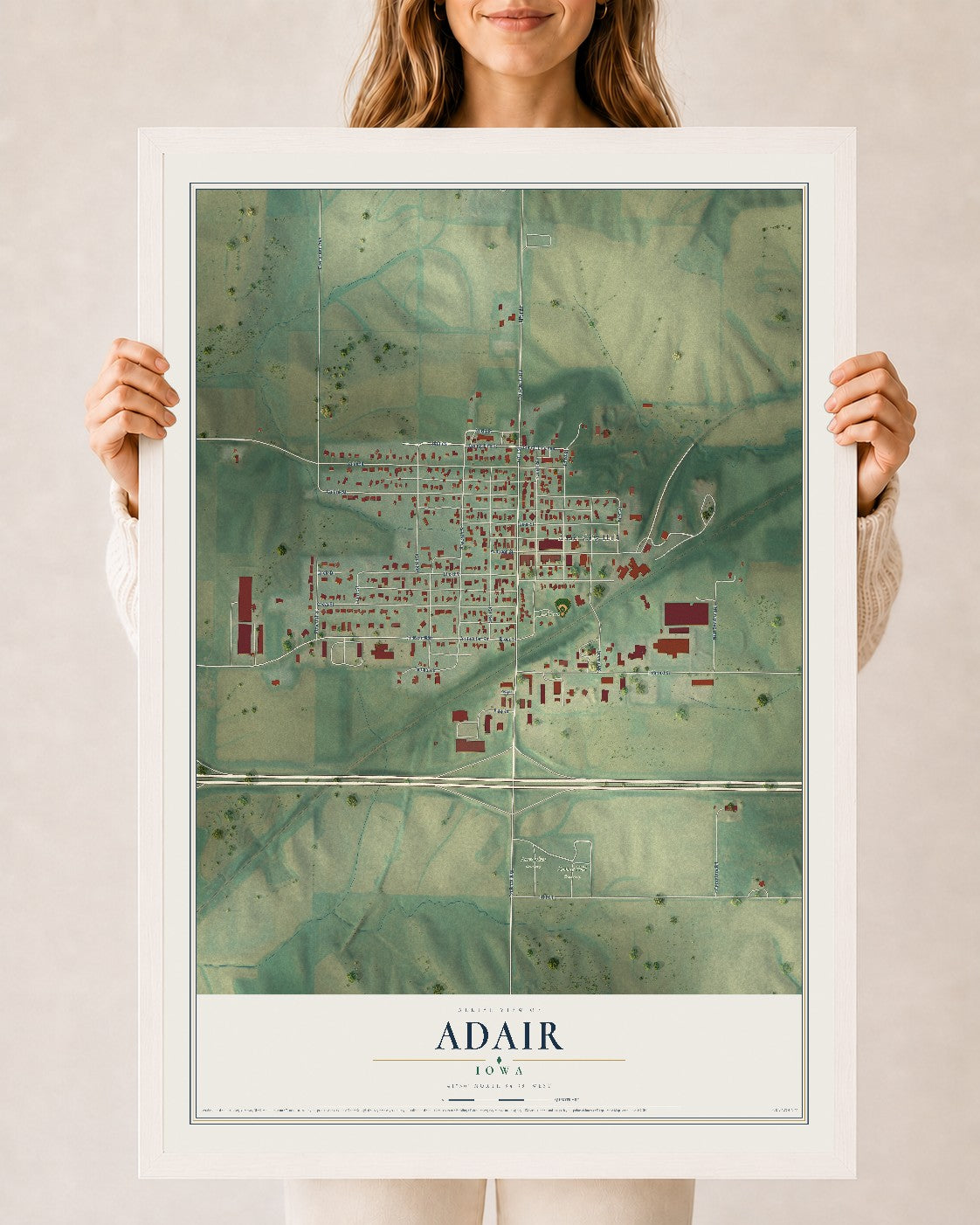 Map of Adair, Iowa, 24 x 36 inch print in a white wood frame