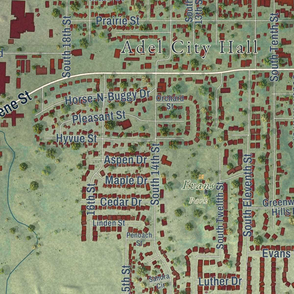 Close-up of the map of Adel, Iowa print showing street and building detail