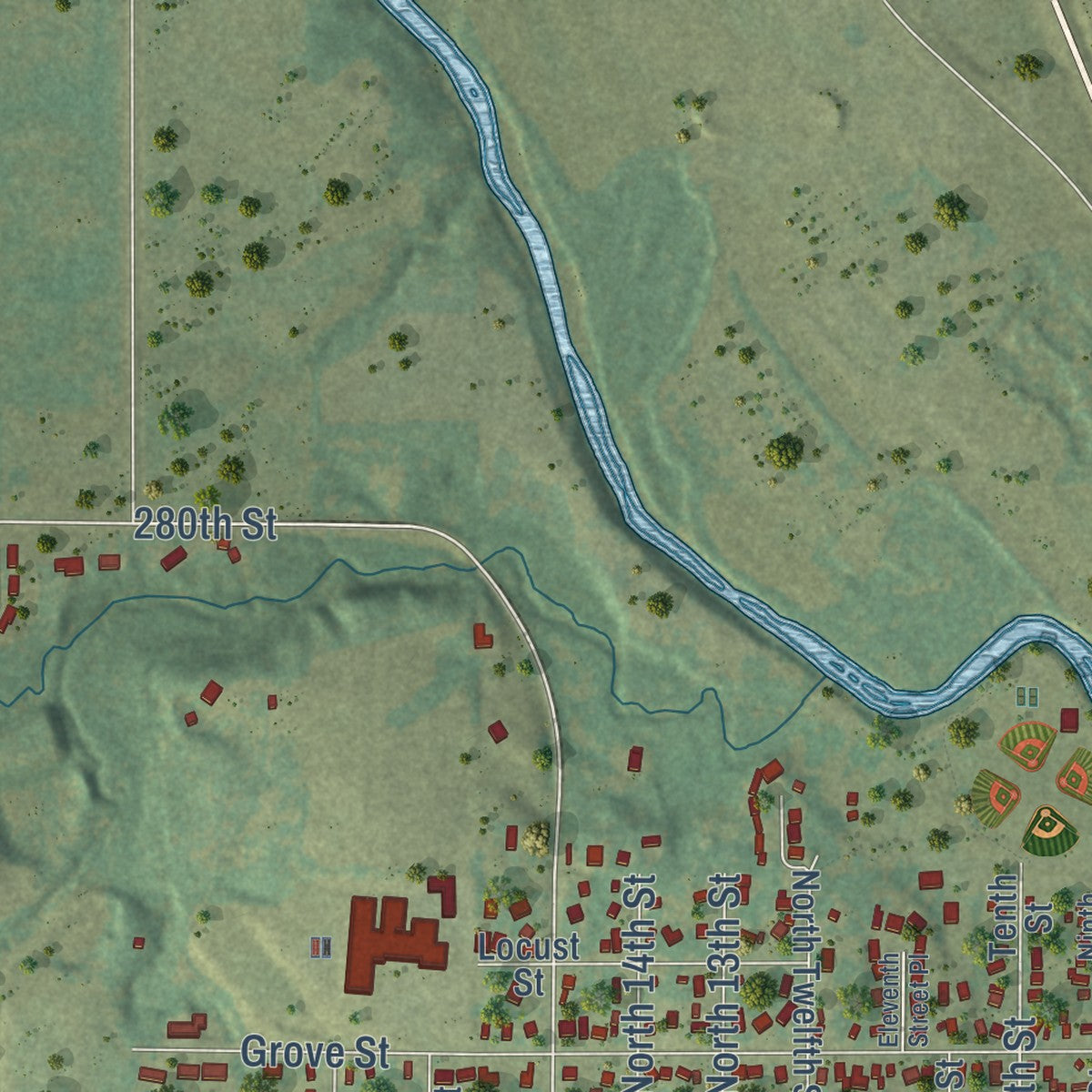 Second close-up of the map of Adel, Iowa print showing more streets and buildings