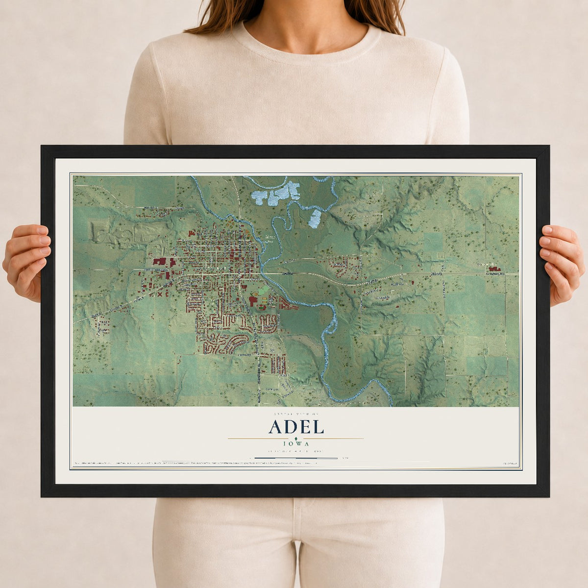 Map of Adel, Iowa, 12 x 18 inch print in a black wood frame