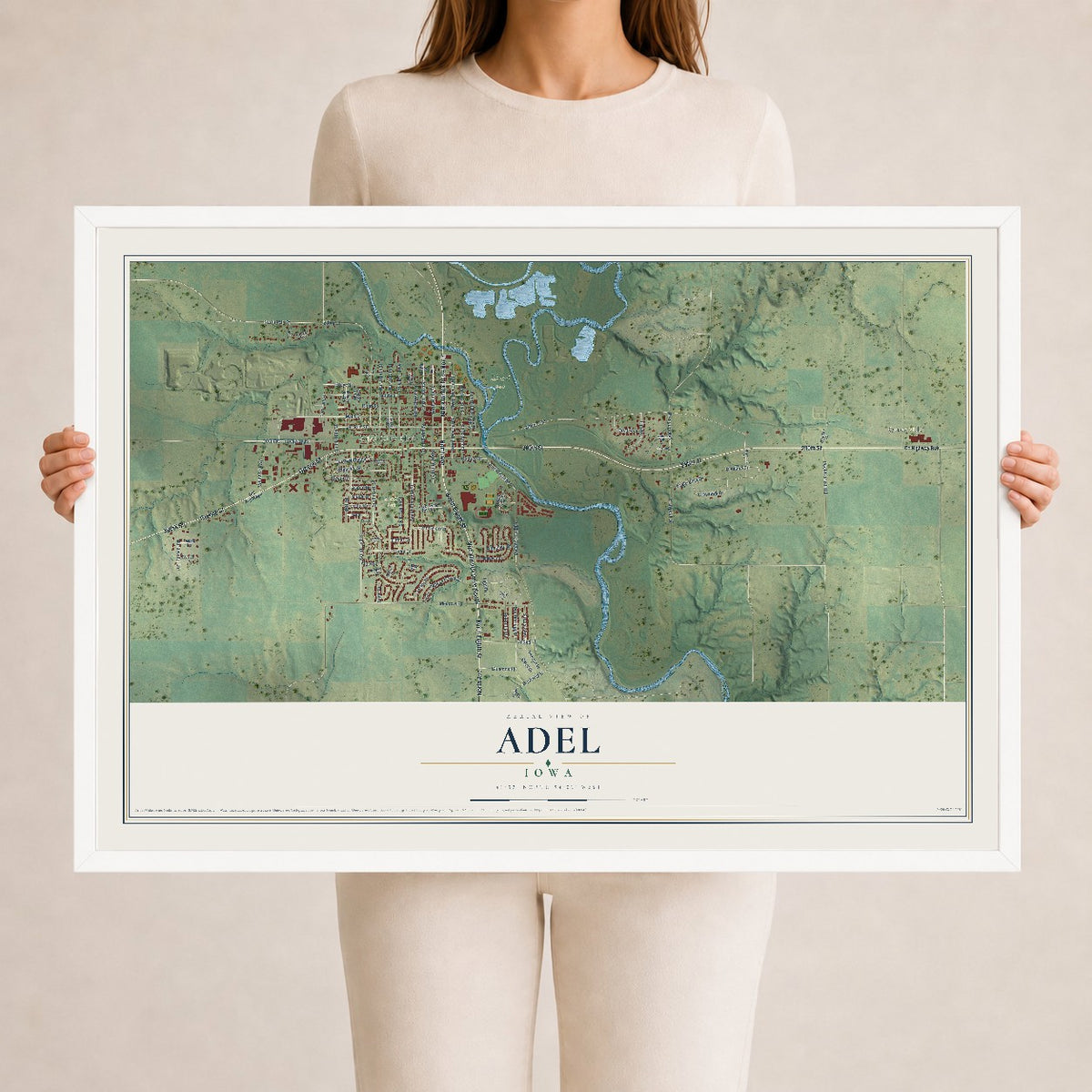 Map of Adel, Iowa, 24 x 36 inch print in a white wood frame
