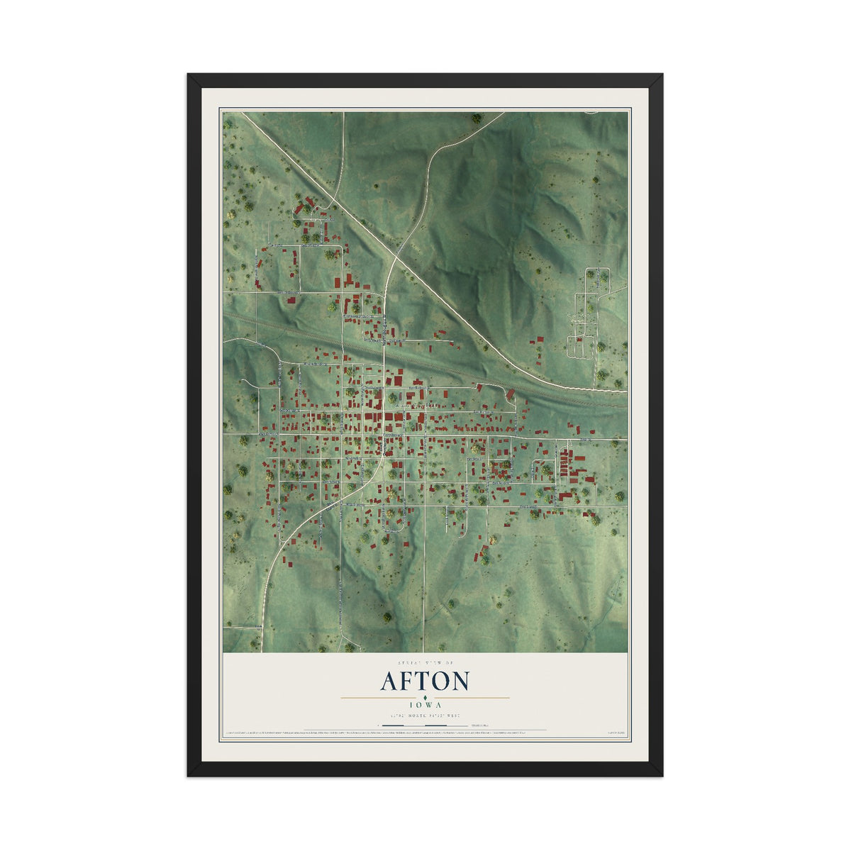 Map of Afton, Iowa, 12 x 18 inch print in a black wood frame