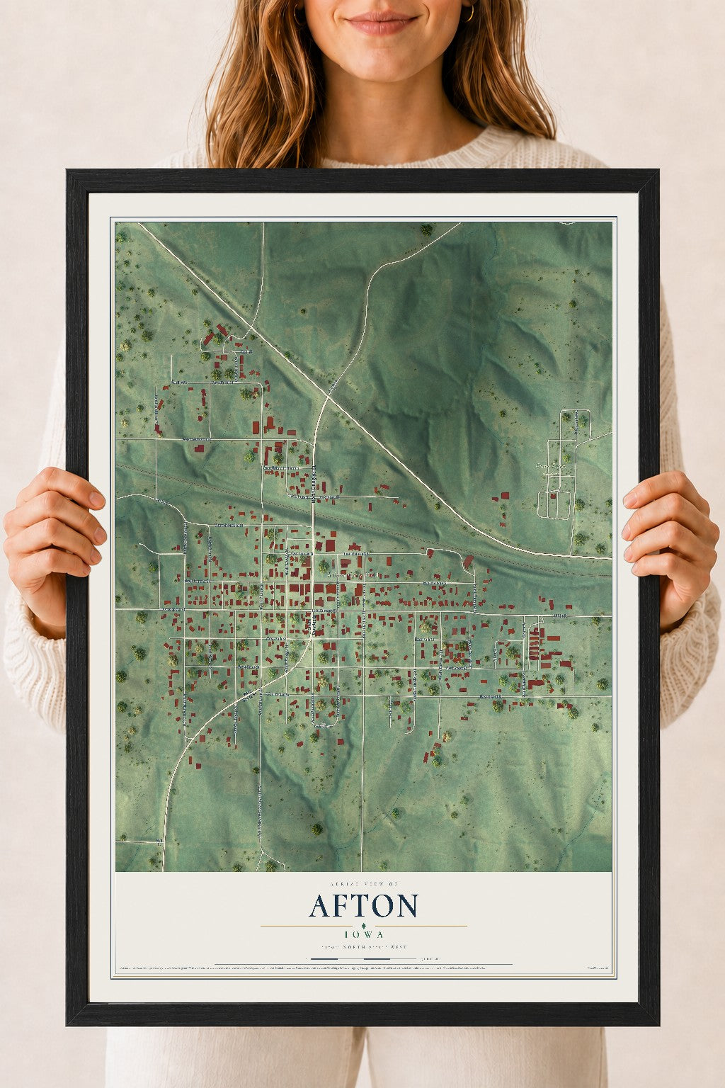 Map of Afton, Iowa, 18 x 24 inch print in a black wood frame