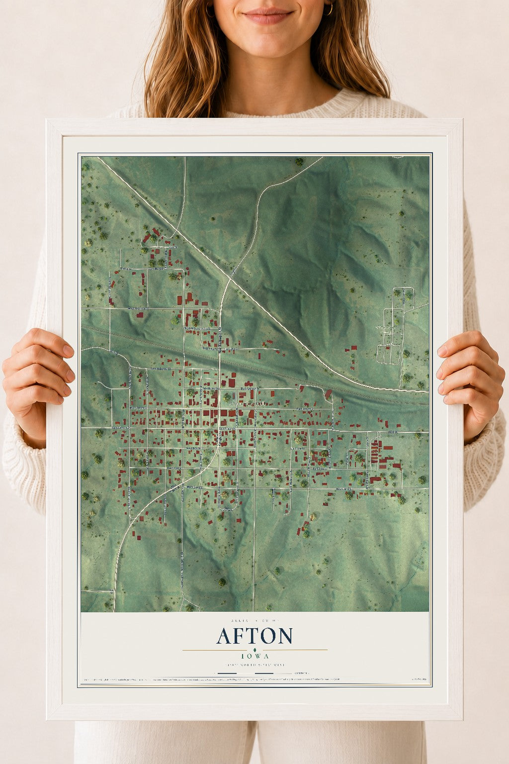 Map of Afton, Iowa, 18 x 24 inch print in a white wood frame