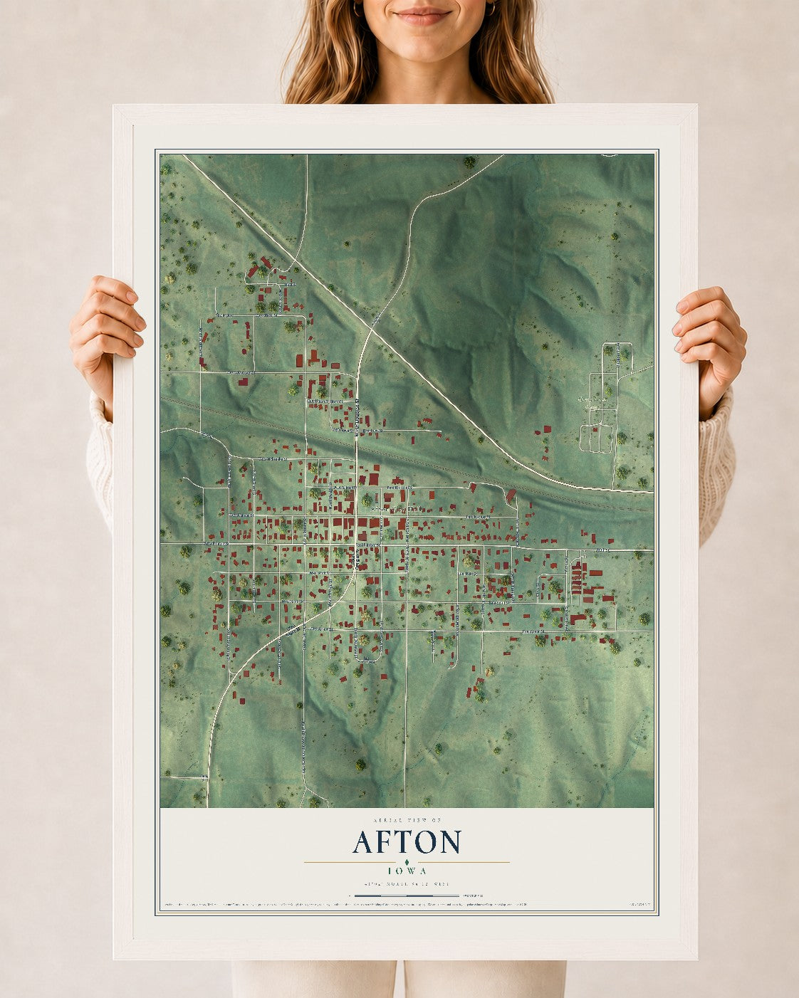Map of Afton, Iowa, 24 x 36 inch print in a white wood frame