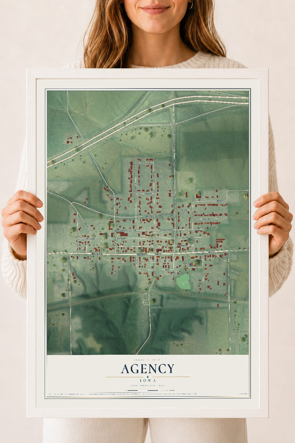 Map of Agency, Iowa, 18 x 24 inch print in a white wood frame