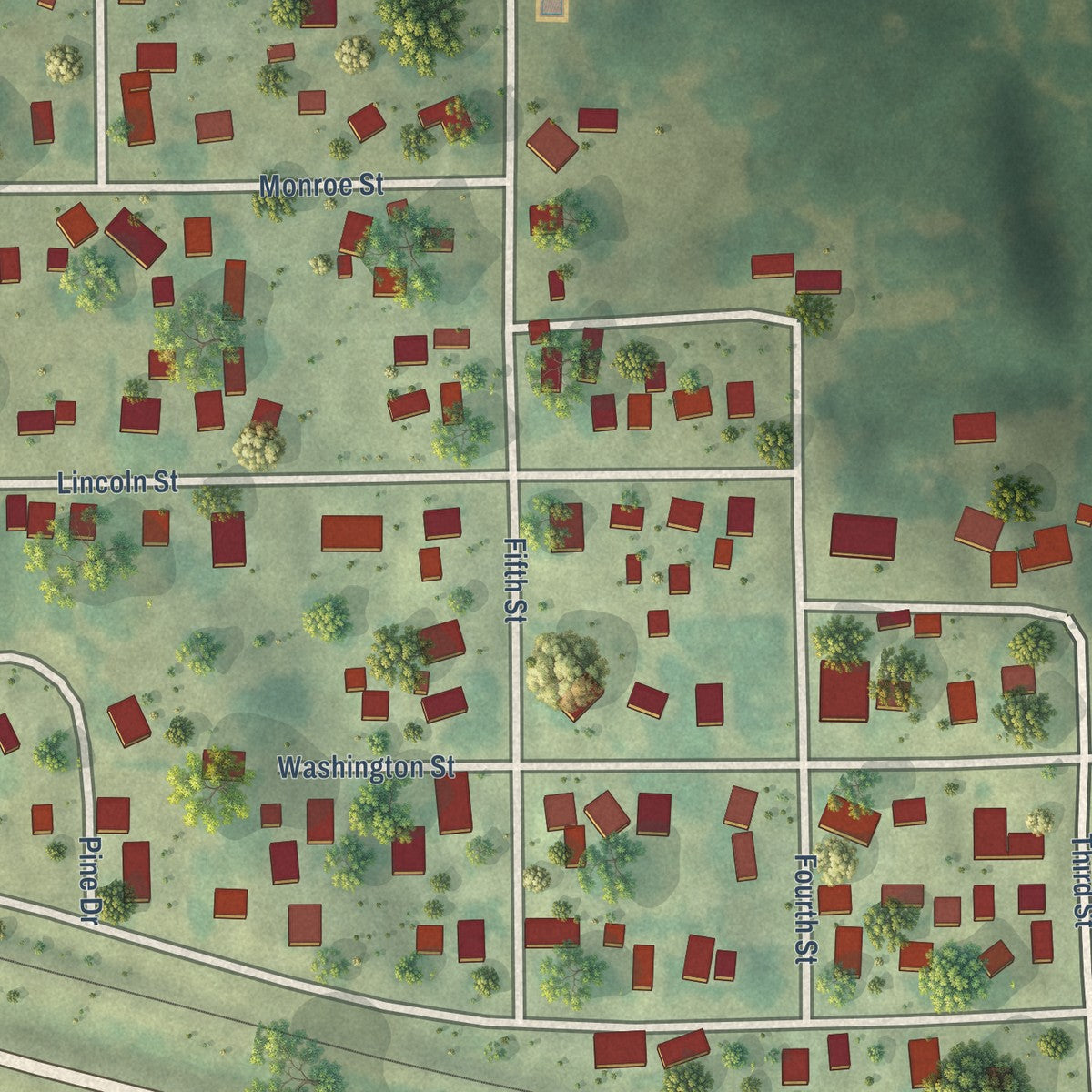 Close-up of the map of Ainsworth, Iowa print showing street and building detail