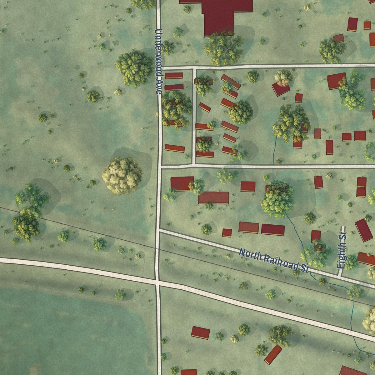 Second close-up of the map of Ainsworth, Iowa print showing more streets and buildings