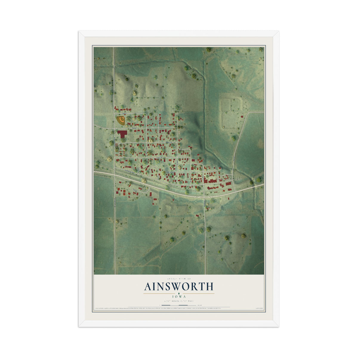 Map of Ainsworth, Iowa, 12 x 18 inch print in a white wood frame
