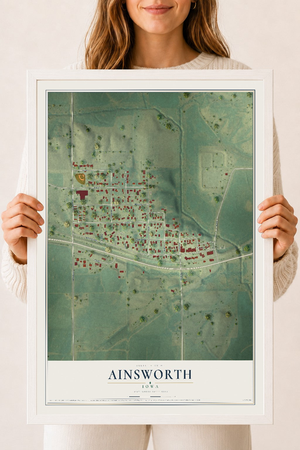Map of Ainsworth, Iowa, 18 x 24 inch print in a white wood frame