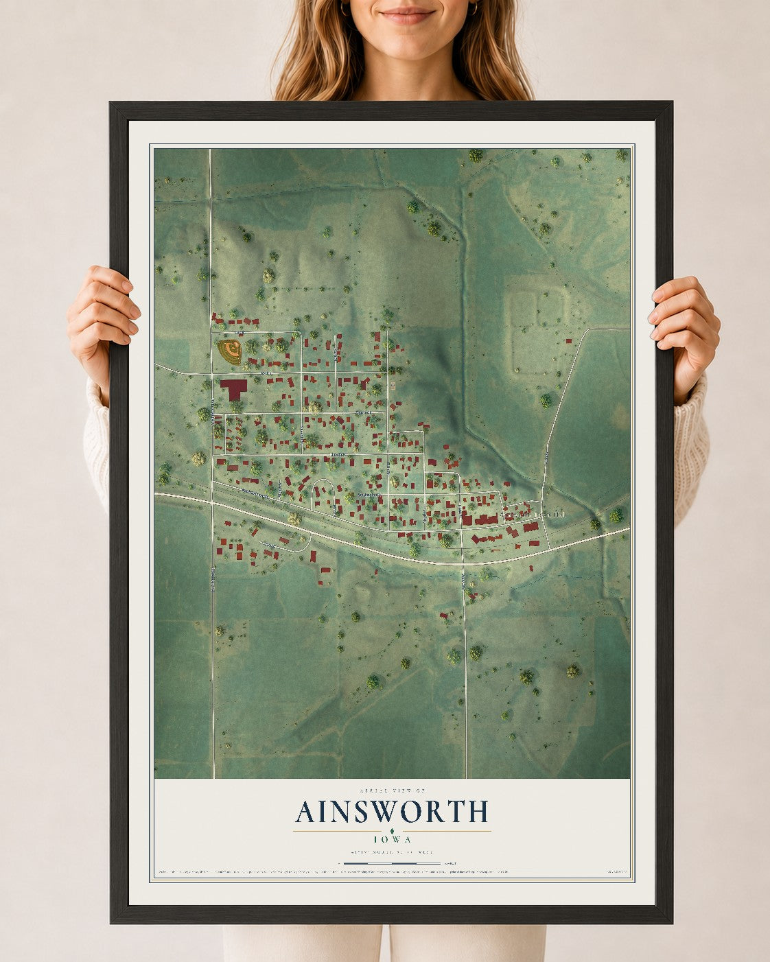 Map of Ainsworth, Iowa, 24 x 36 inch print in a black wood frame