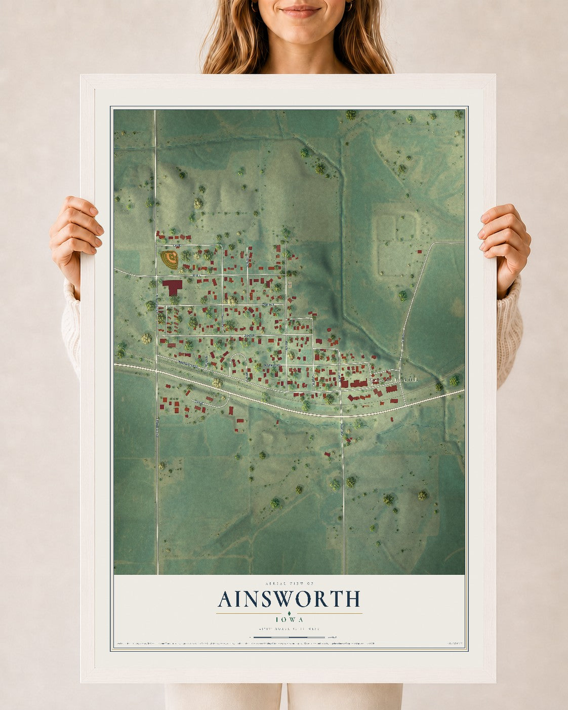 Map of Ainsworth, Iowa, 24 x 36 inch print in a white wood frame