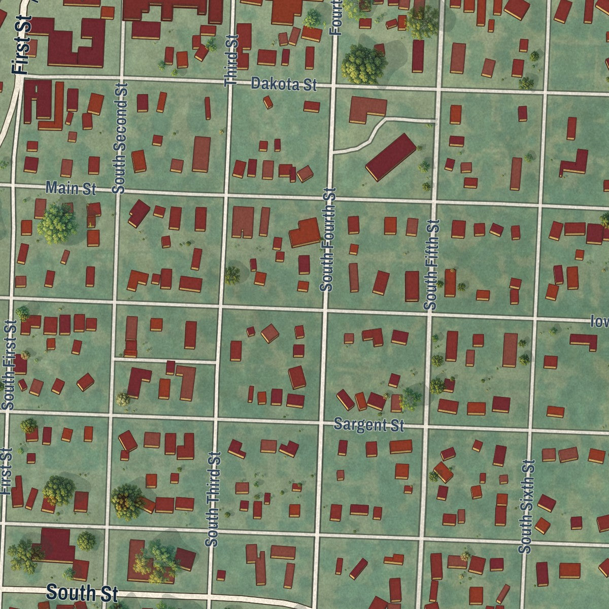 Close-up of the map of Akron, Iowa print showing street and building detail
