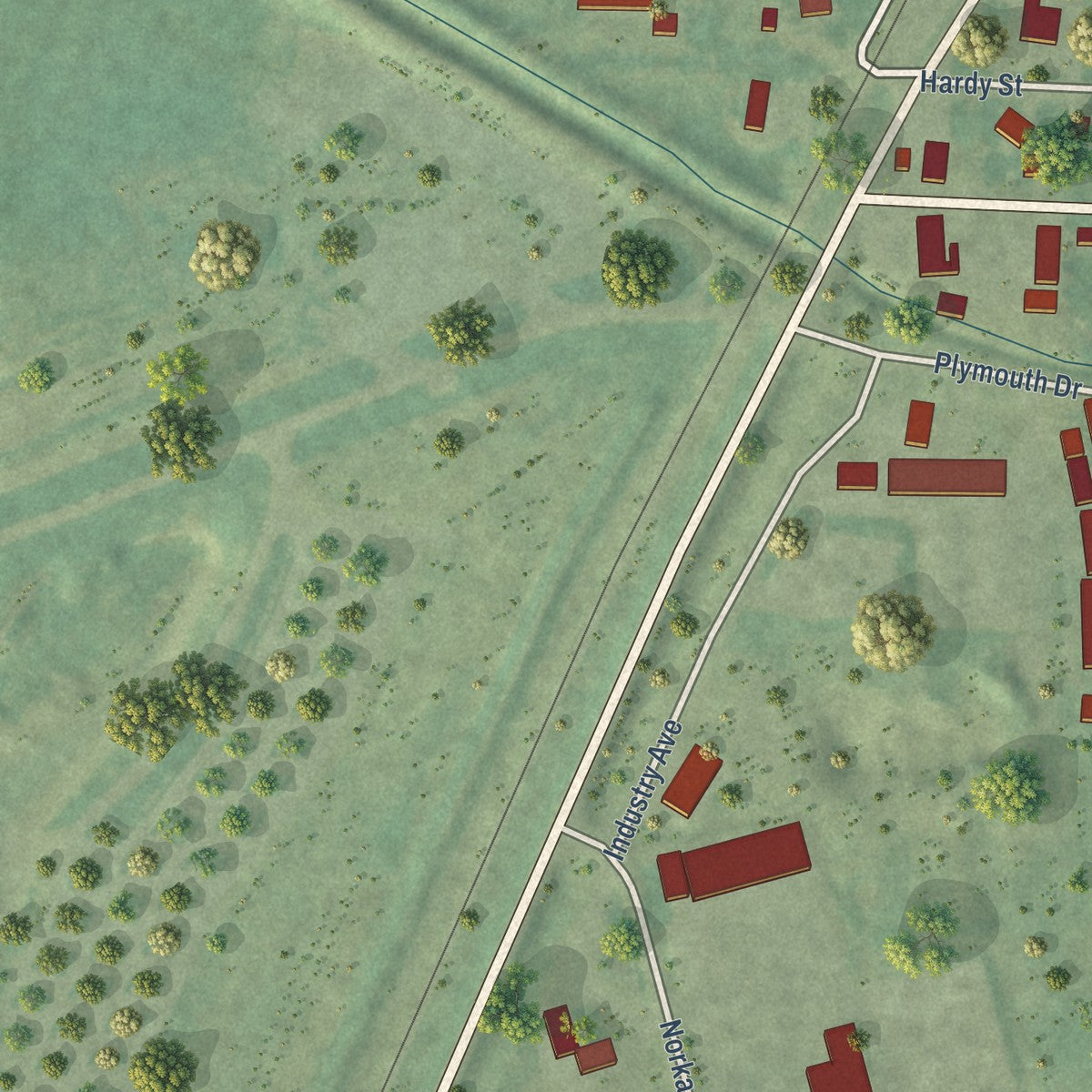 Second close-up of the map of Akron, Iowa print showing more streets and buildings