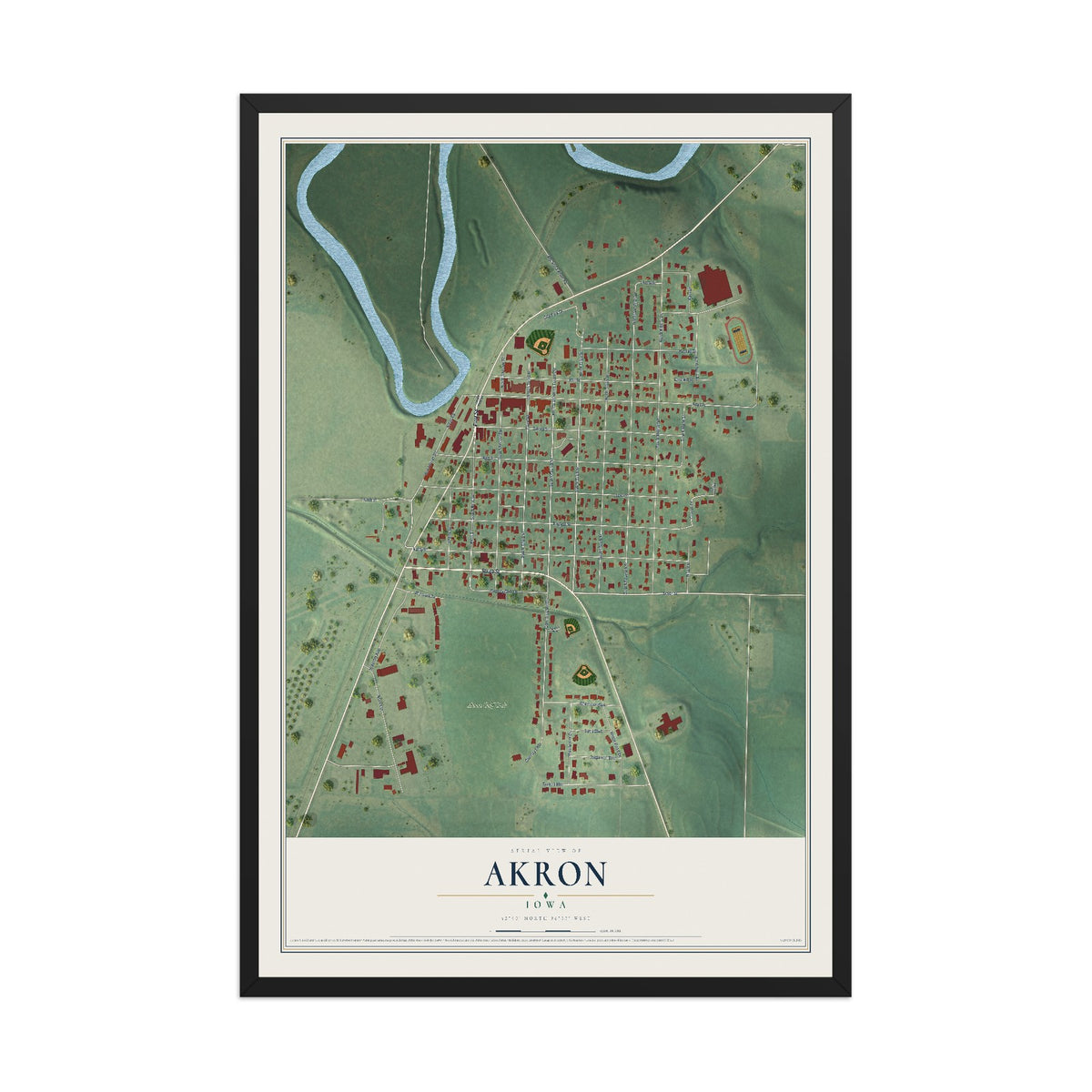 Map of Akron, Iowa, 12 x 18 inch print in a black wood frame