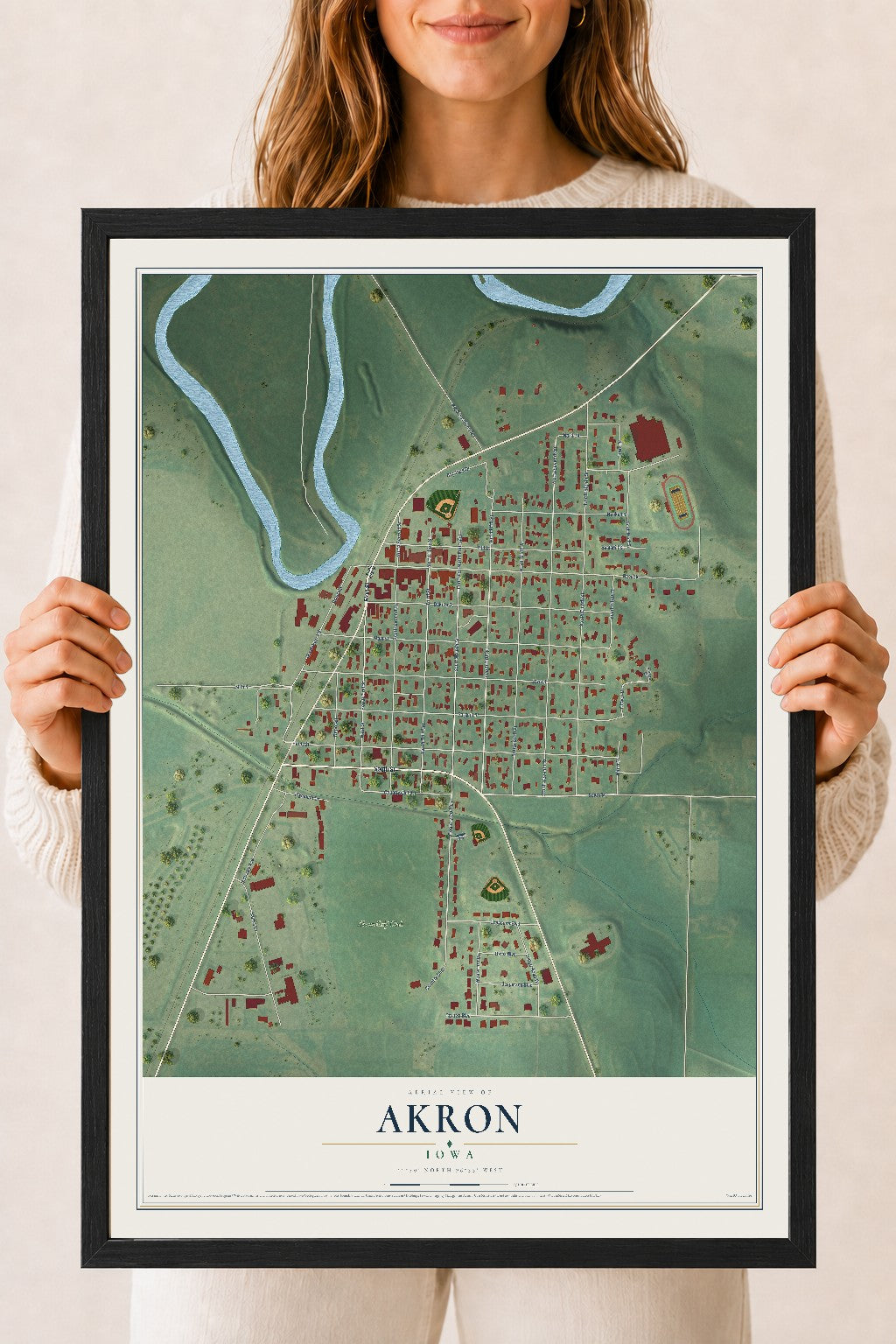 Map of Akron, Iowa, 18 x 24 inch print in a black wood frame