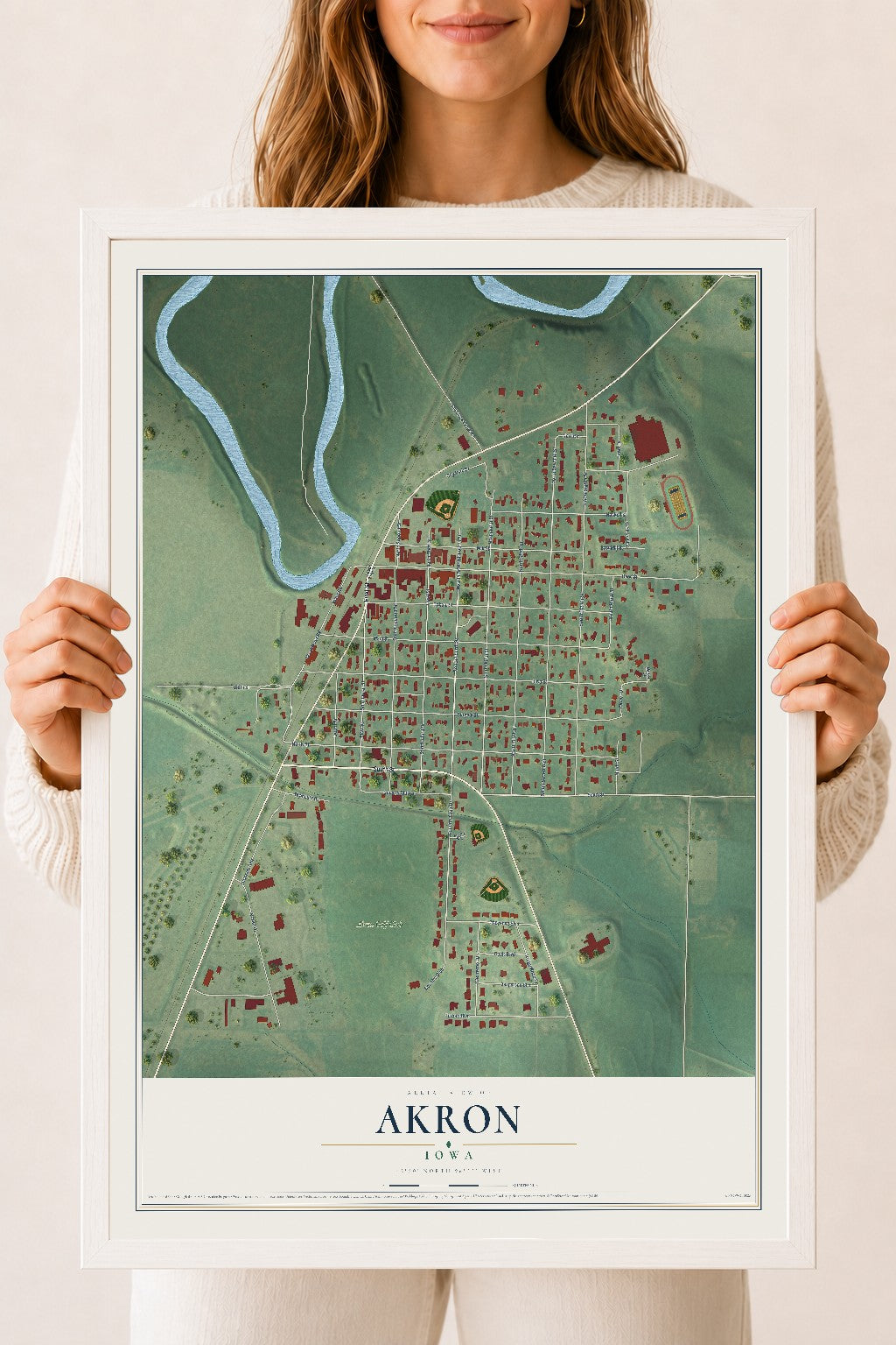 Map of Akron, Iowa, 18 x 24 inch print in a white wood frame