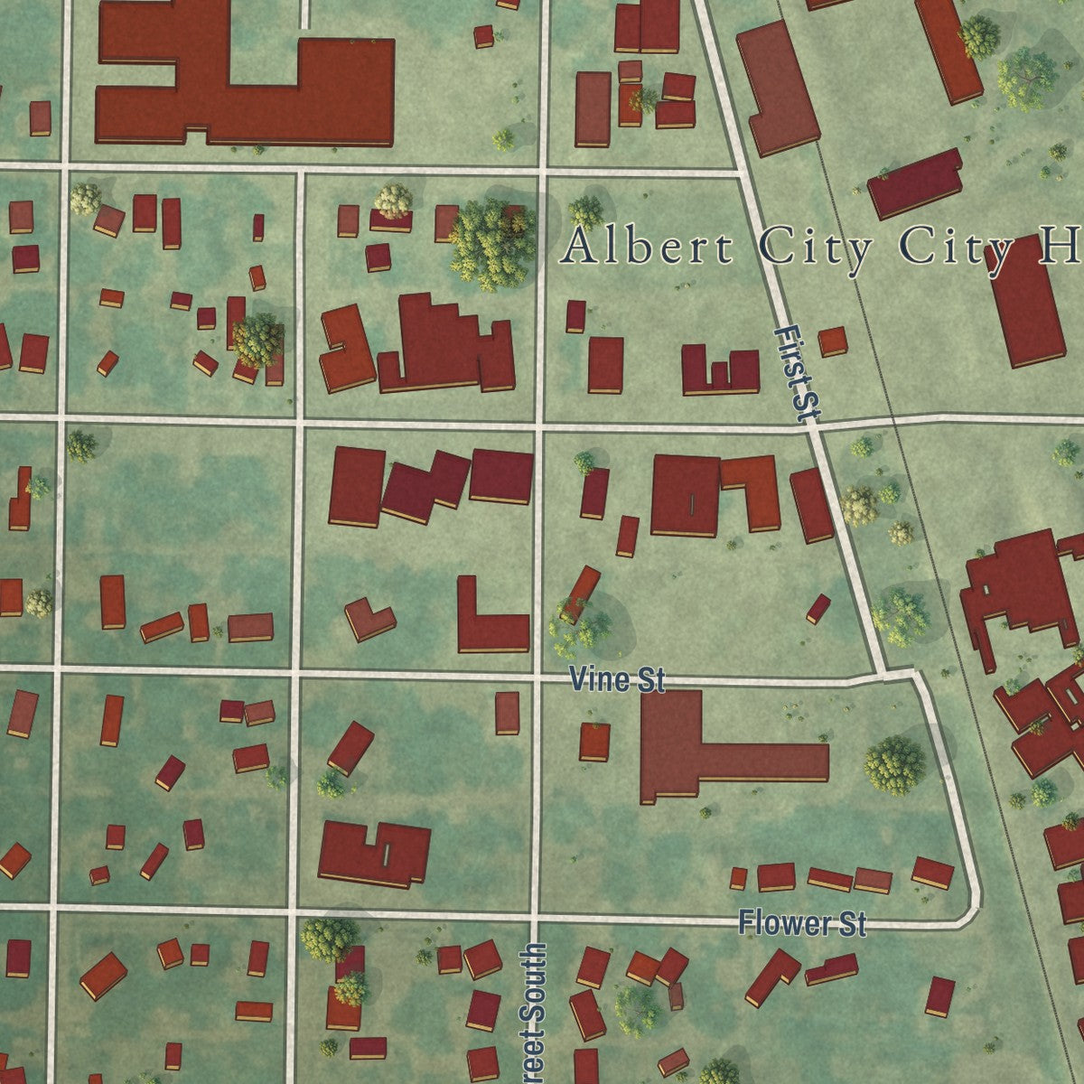 Close-up of the map of Albert City, Iowa print showing street and building detail